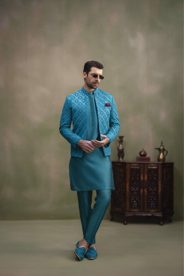 TEAL BLUE SEQUENCE EMBRODERY FRONT OPEN PRINCE COAT humyaunalamgir