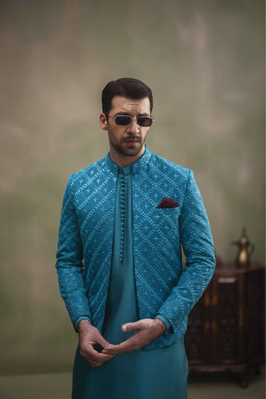 TEAL BLUE SEQUENCE EMBRODERY FRONT OPEN PRINCE COAT humyaunalamgir