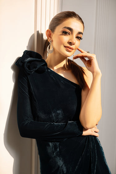 Teal Velvet Dress Clothing humyaunalamgir