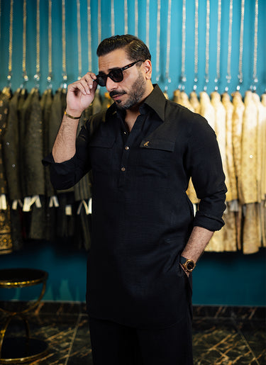 BLACK LINEN FARSHI KURTA SHALWAR Humayun Alamgir