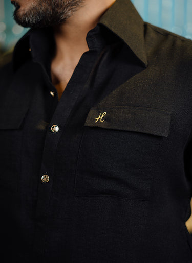 BLACK LINEN FARSHI KURTA SHALWAR Humayun Alamgir