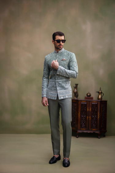 MINT GREEN EMBROIDED PRINCE SUIT humyaunalamgir