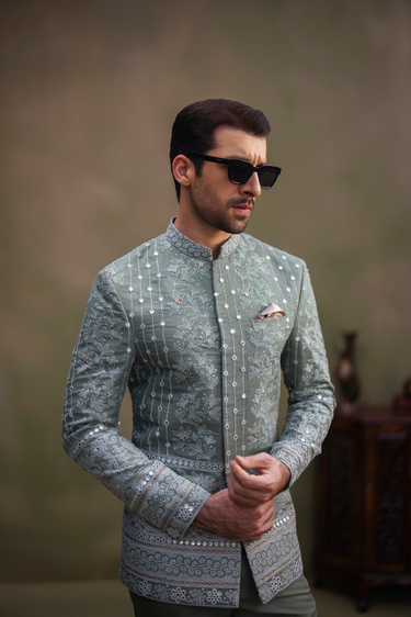 MINT GREEN EMBROIDED PRINCE SUIT humyaunalamgir