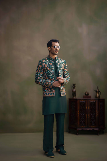 Dark Green Multi Colour Hand Work Front Open Prince Coat humyaunalamgir