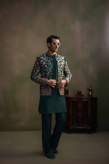 Dark Green Multi Colour Hand Work Front Open Prince Coat humyaunalamgir