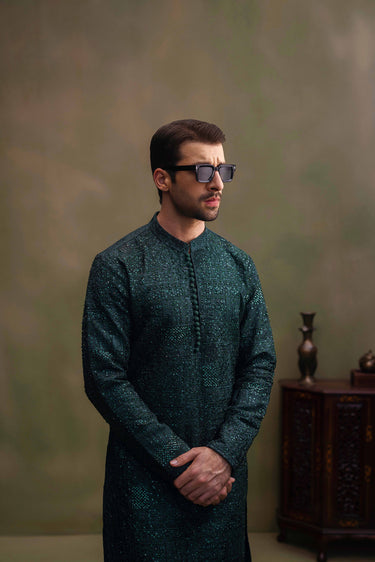 Dark Green Hand Work Embroided Kurta Pajama humyaunalamgir