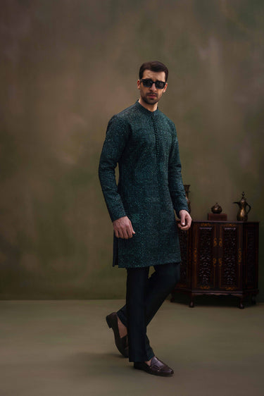 Dark Green Hand Work Embroided Kurta Pajama humyaunalamgir