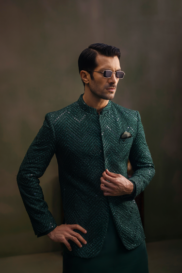 DARK GREEN SEQUENCE HAND WORK CUTDANA PRINCE COAT humyaunalamgir
