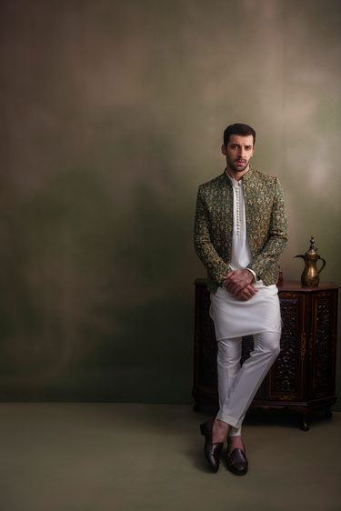 GREEN GOLDEN HANDWORK ZARI JAMAWAR PRINCE COAT humyaunalamgir