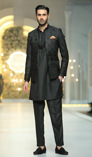 Black Embossed Prince Coat Mehndi Collection HumayunAlamgir