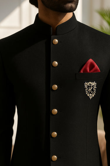 BLACK PRINCE SUIT WITH GOLDEN MOTIVE prince suits Humayun Alamgir