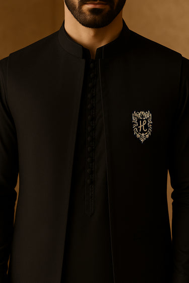 BLACK FRONT OPEN WAISTCOAT WITH GOLDEN MOTIVE Waist Coats Humayun Alamgir