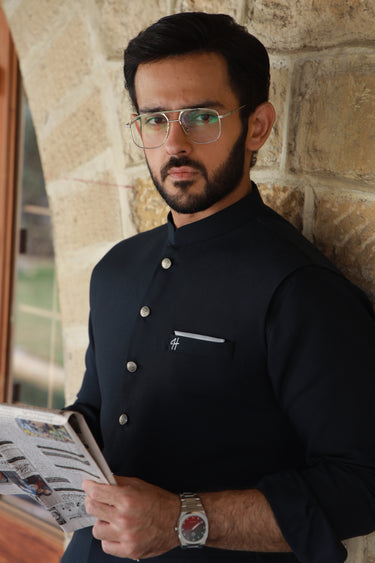 NAVY BLUE LINEN WAIST COAT Humayunalamgir