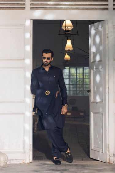Navy Blue Wash N Wear Shalwar Kameez Luxury Formal, Shalwar Kameez Humayun Alamgir