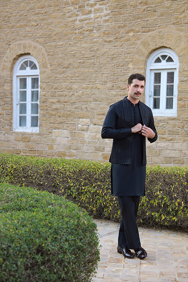 BLACK EGYPTIAN COTTON SATIN KURTA PAJAMA Humayunalamgir