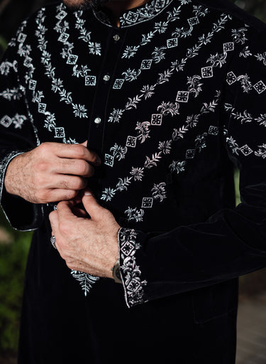 BLACK & SILVER VELVET KURTA PAJAMA Humayunalamgir