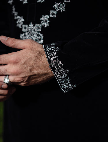 BLACK & SILVER VELVET KURTA PAJAMA Humayunalamgir