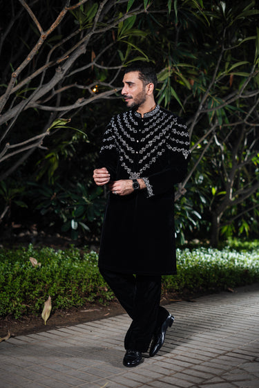 BLACK & SILVER VELVET KURTA PAJAMA Humayunalamgir