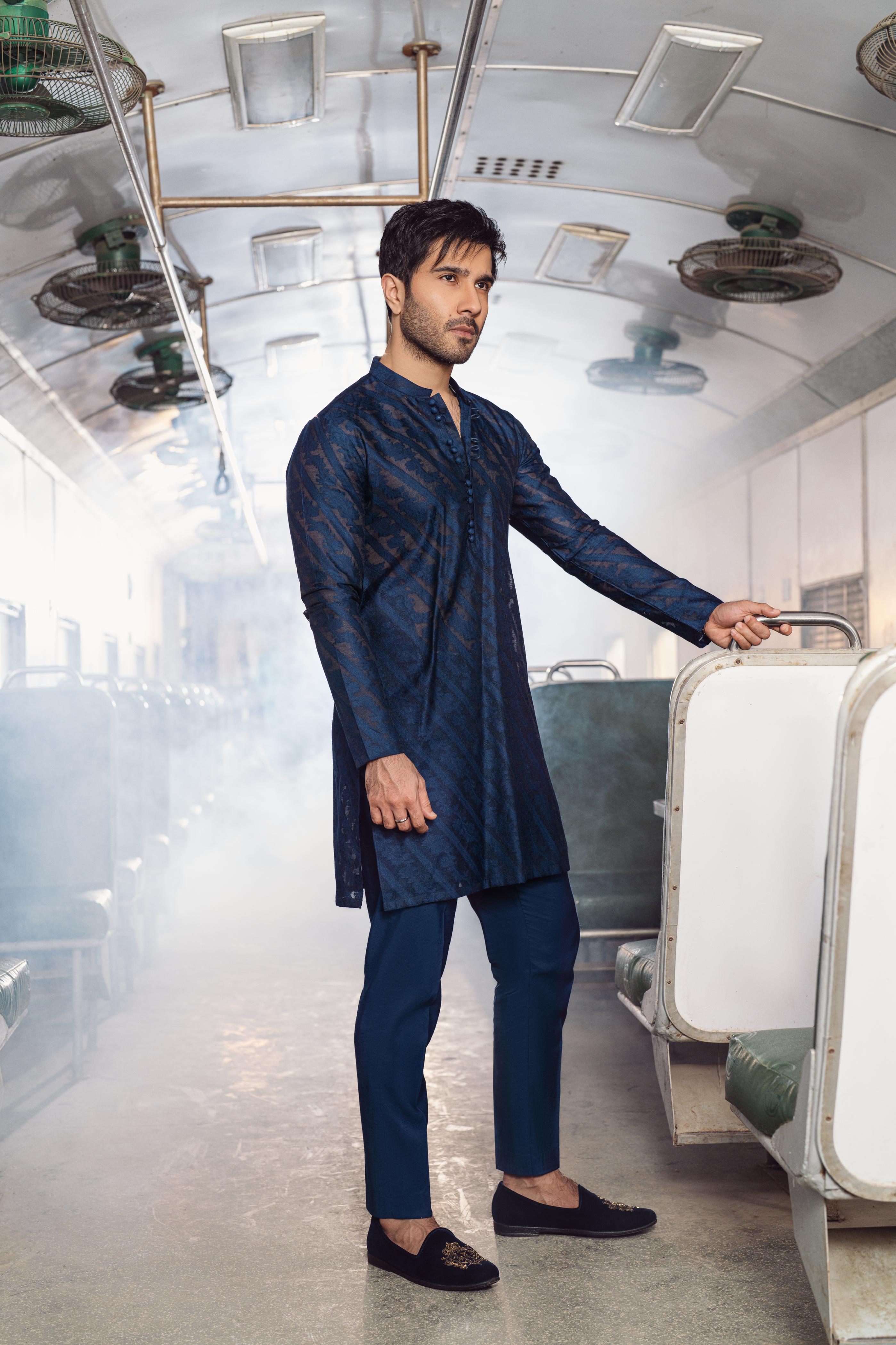 "QAMASH" BLUE KURTA PAJAMA