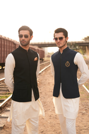 NAVY BLUE ZIPPER WAIST COAT Humayunalamgir