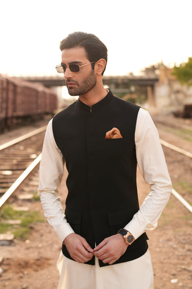 BLACK ARMANI PATCH POCKET WAIST COAT Humayunalamgir