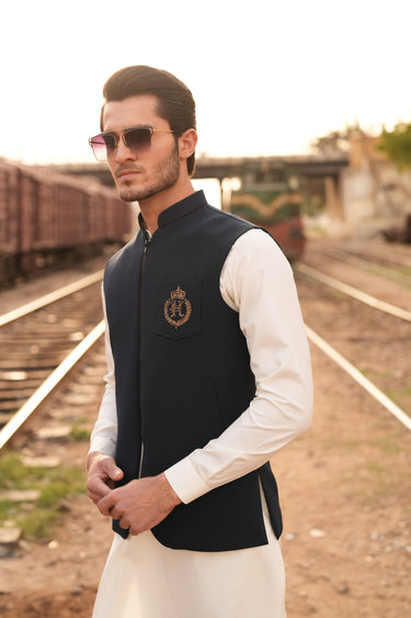 NAVY BLUE ZIPPER WAIST COAT Humayunalamgir