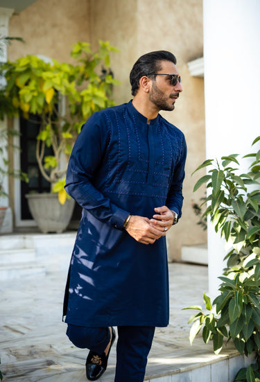Blue cotton Beads bosky kurta pajama Humayun Alamgir