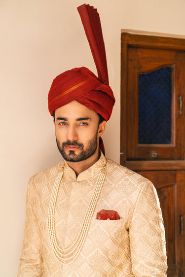 Beige Embroidery Sherwani with Turban humyaunalamgir
