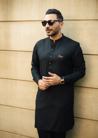 BLACK COTTON SATIN KURTA PAJAMA Humayun Alamgir