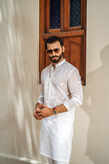 White Thread Embroidery Kurta Pajama Humayun Alamgir