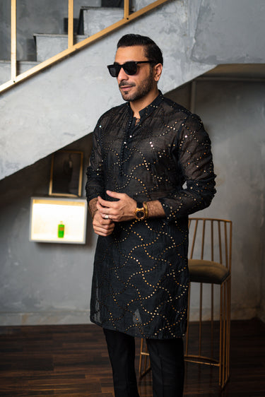Black Embossed Mirror Work Kurta HumayunAlamgir