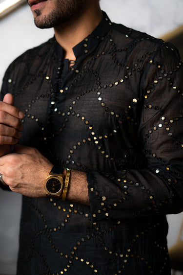 Black Embossed Mirror Work Kurta HumayunAlamgir