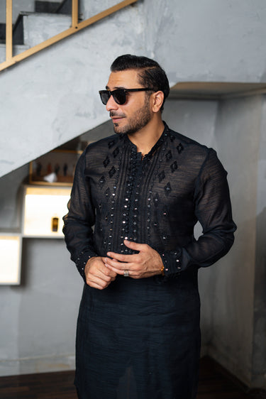 Black Embossed Sequence Work Kurta HumayunAlamgir