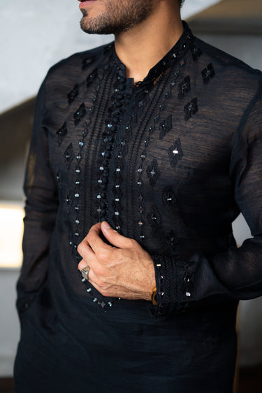 Black Embossed Sequence Work Kurta HumayunAlamgir
