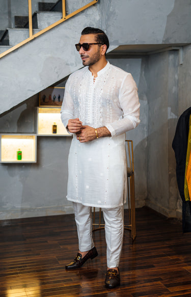 White Embossed Mirror Work Kurta Pajama HumayunAlamgir