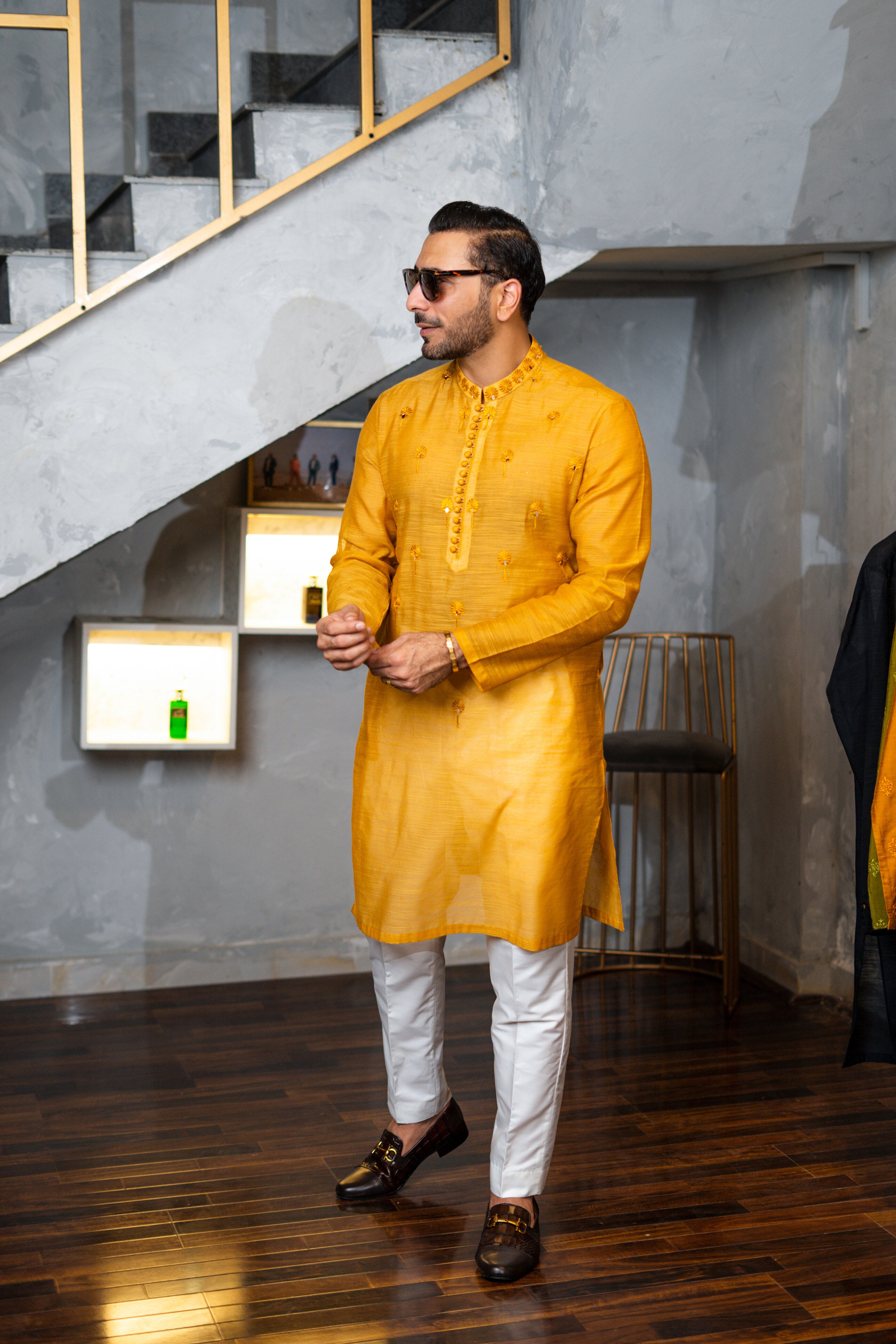Yellow Kurta For Men And Black Pajama Embroidered Festive Wear Men