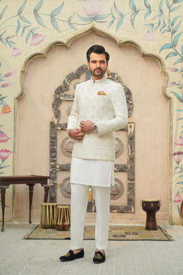 Self Embossed White Daman Prince Coat humyaunalamgir
