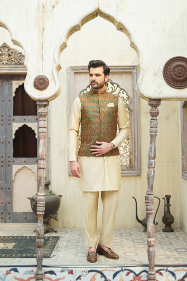 Green Beige Embellish Embroidery Waist Coat Mehndi Collection HumayunAlamgir