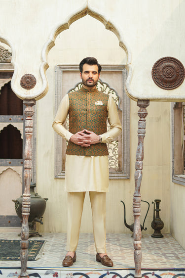 Green Beige Embellish Embroidery Waist Coat Mehndi Collection HumayunAlamgir S waist coat