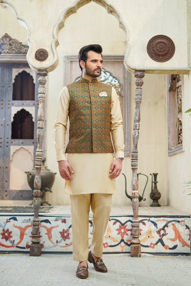 Green Beige Embellish Embroidery Waist Coat Mehndi Collection HumayunAlamgir