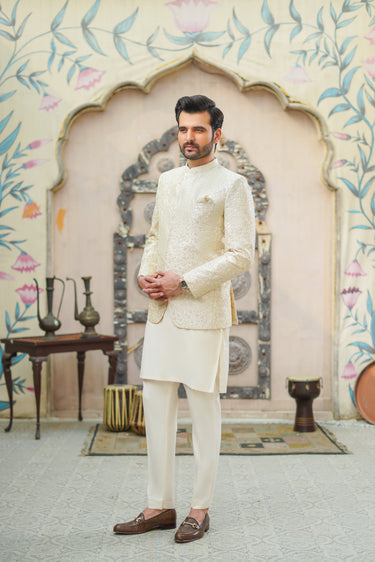 Ivory Beige Light Sequence Prince Coat humyaunalamgir