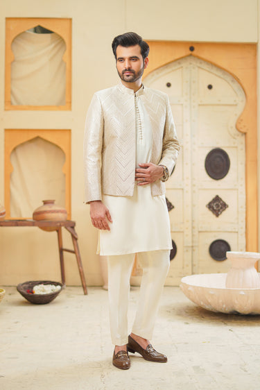 Ivory Gold Zig Zag Sequence Embroidery Prince Coat humyaunalamgir