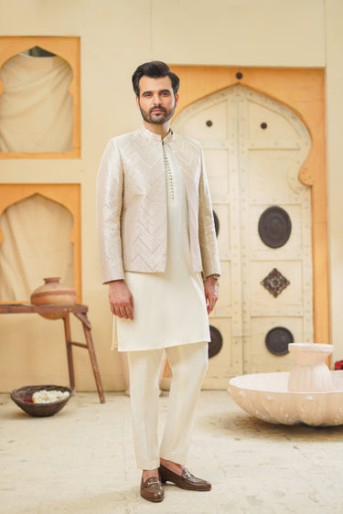 Ivory Gold Zig Zag Sequence Embroidery Prince Coat humyaunalamgir