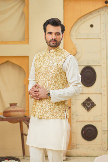 Ivory Base Light Golden Embroidery Waist Coat Waist Coats HumayunAlamgir