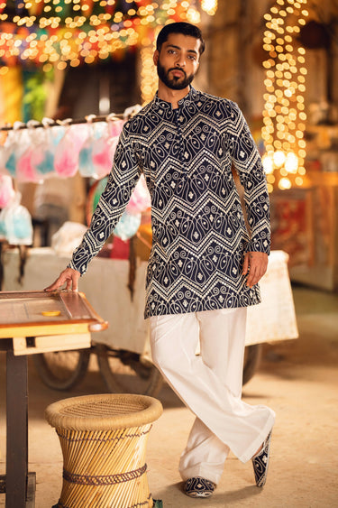 NAQOOSH – NAVY BLUE KURTA PAJAMA Humayunalamgir