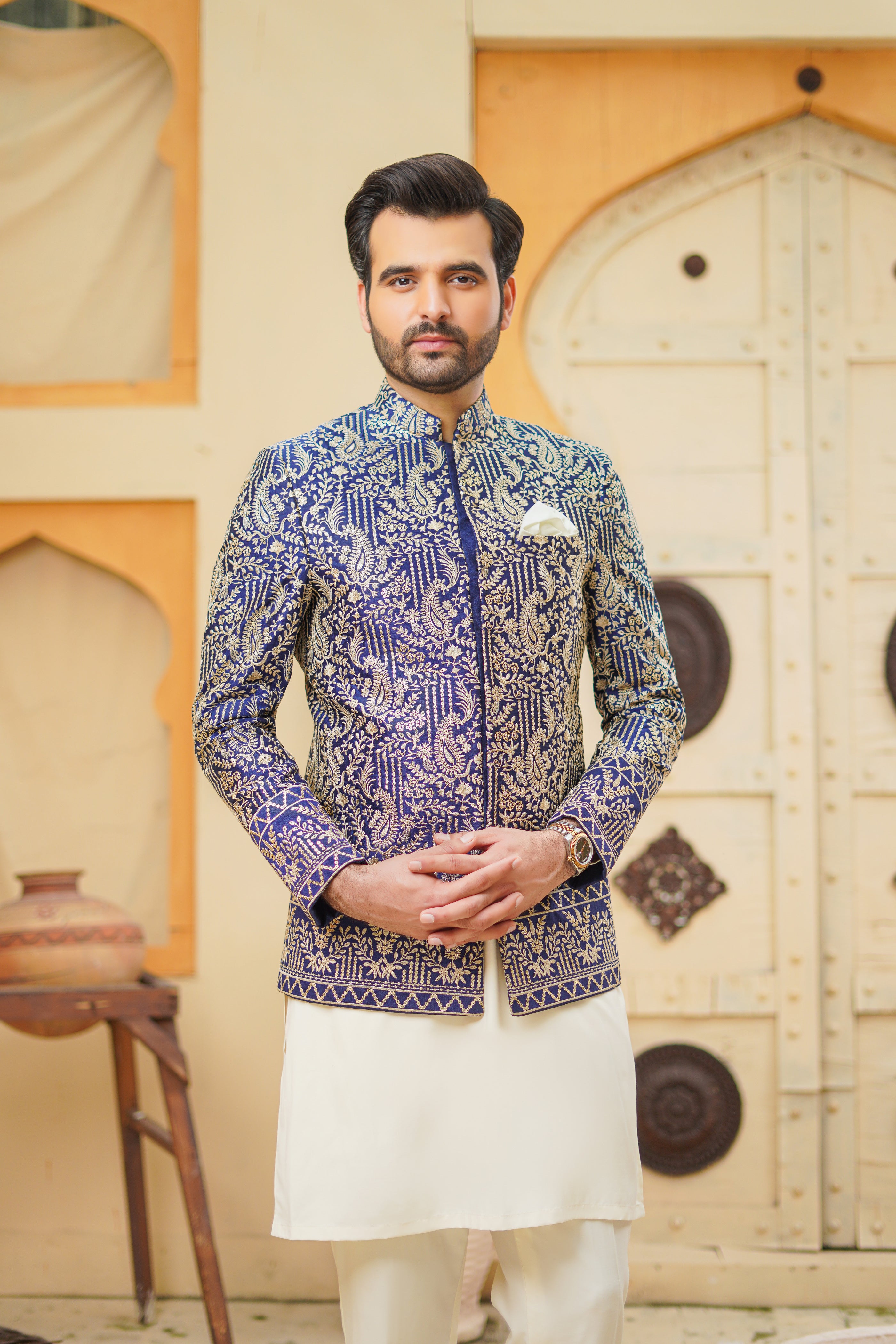 Blue Beige Sequence Prince Coat – Humayunalamgir - Main Image