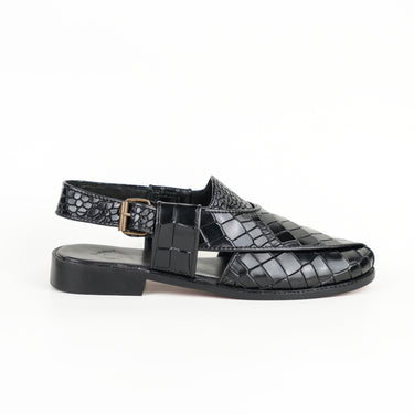 BLACK CROCODILE LEATHER PESHAWARI SANDAL SLIDES-SLIPONS humayaunalamgir