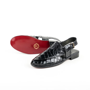BLACK CROCODILE LEATHER PESHAWARI SANDAL SLIDES-SLIPONS humayaunalamgir