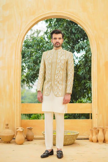 Light Ferozi Beige Self Sequence Prince Coat humyaunalamgir