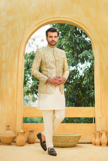 Light Ferozi Beige Self Sequence Prince Coat humyaunalamgir